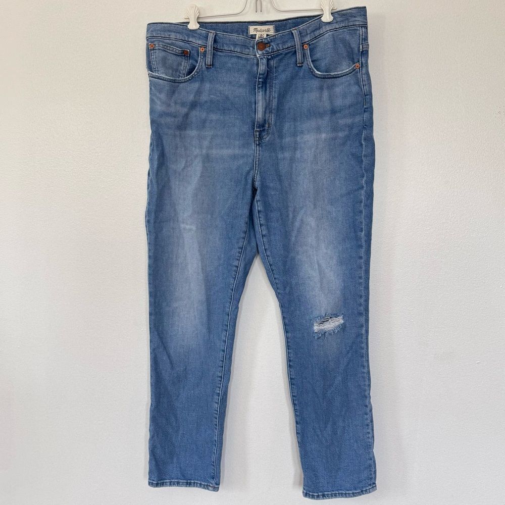 Madewell High Rise Slim Boyjean Blue Wash Distressed Jeans  Sz 32 - Picture 4 of 13